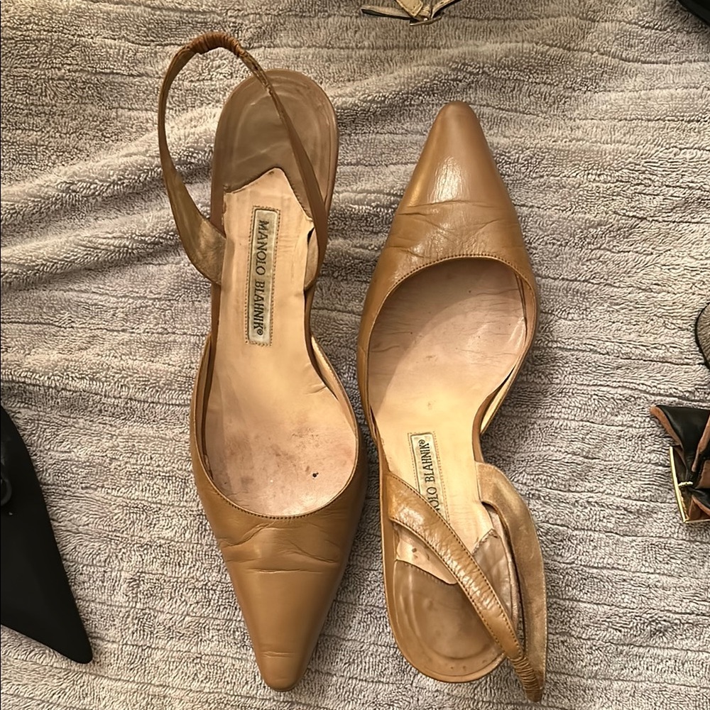 Manolo Blahnik Tan Heels Elegant Slingback Design